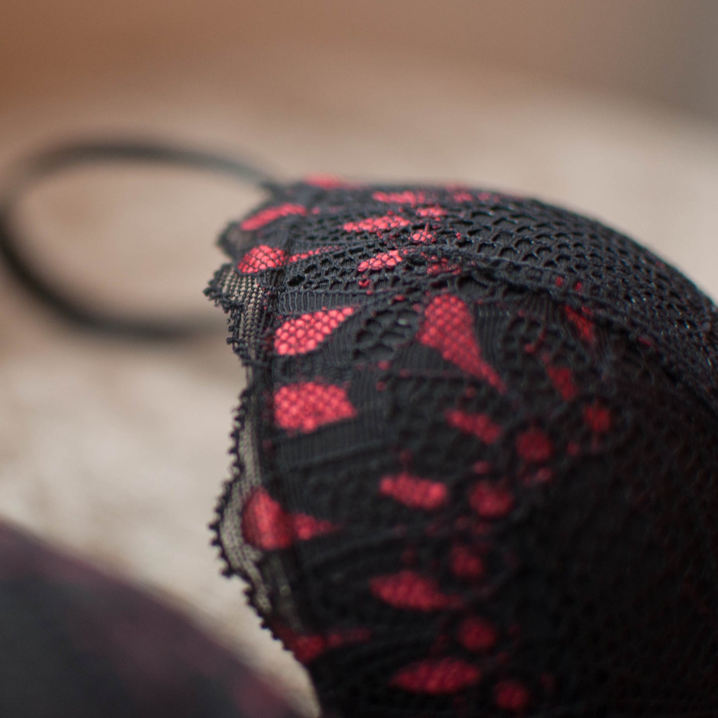 Black & red lace Lucy May Maybella Demi Plunge padded bra detail