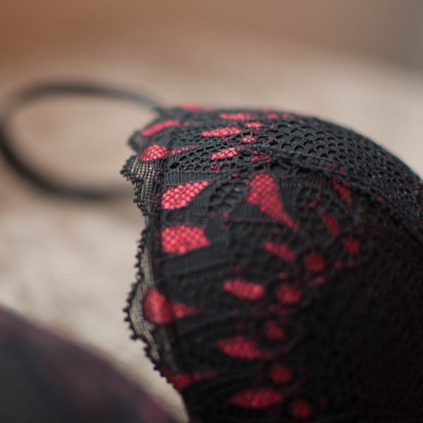 Black & red lace Lucy May Maybella Demi Plunge padded bra detail